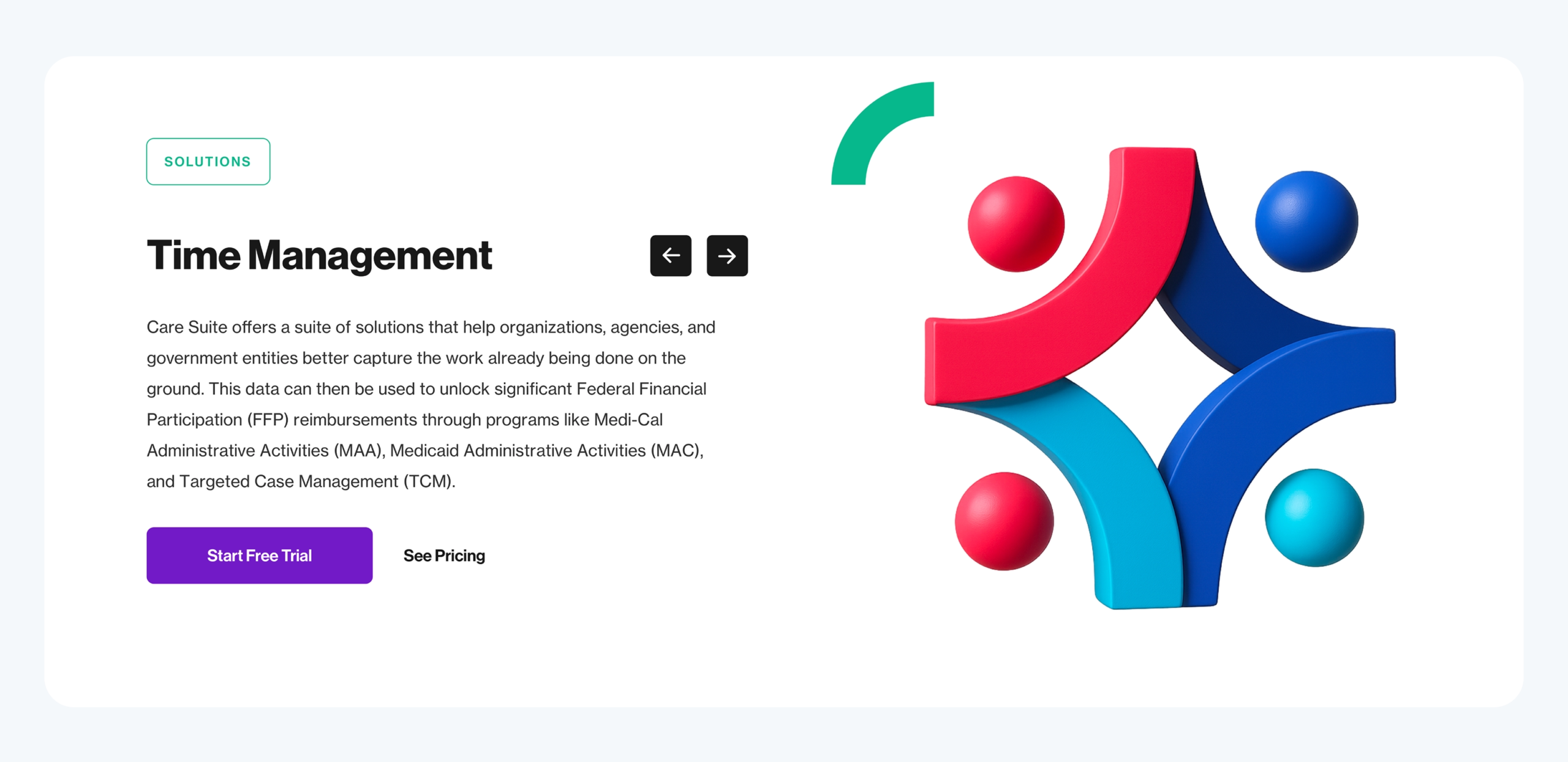 Care Suite Time Management product page with branded 3D illustration.