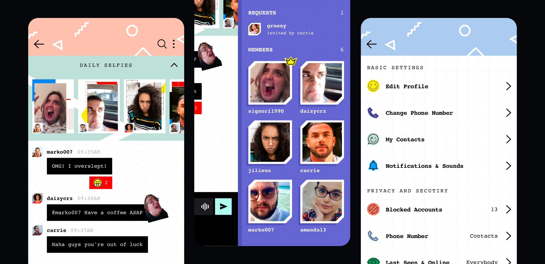 FaceFlash mobile app screens for daily selfies, group members, and privacy settings.