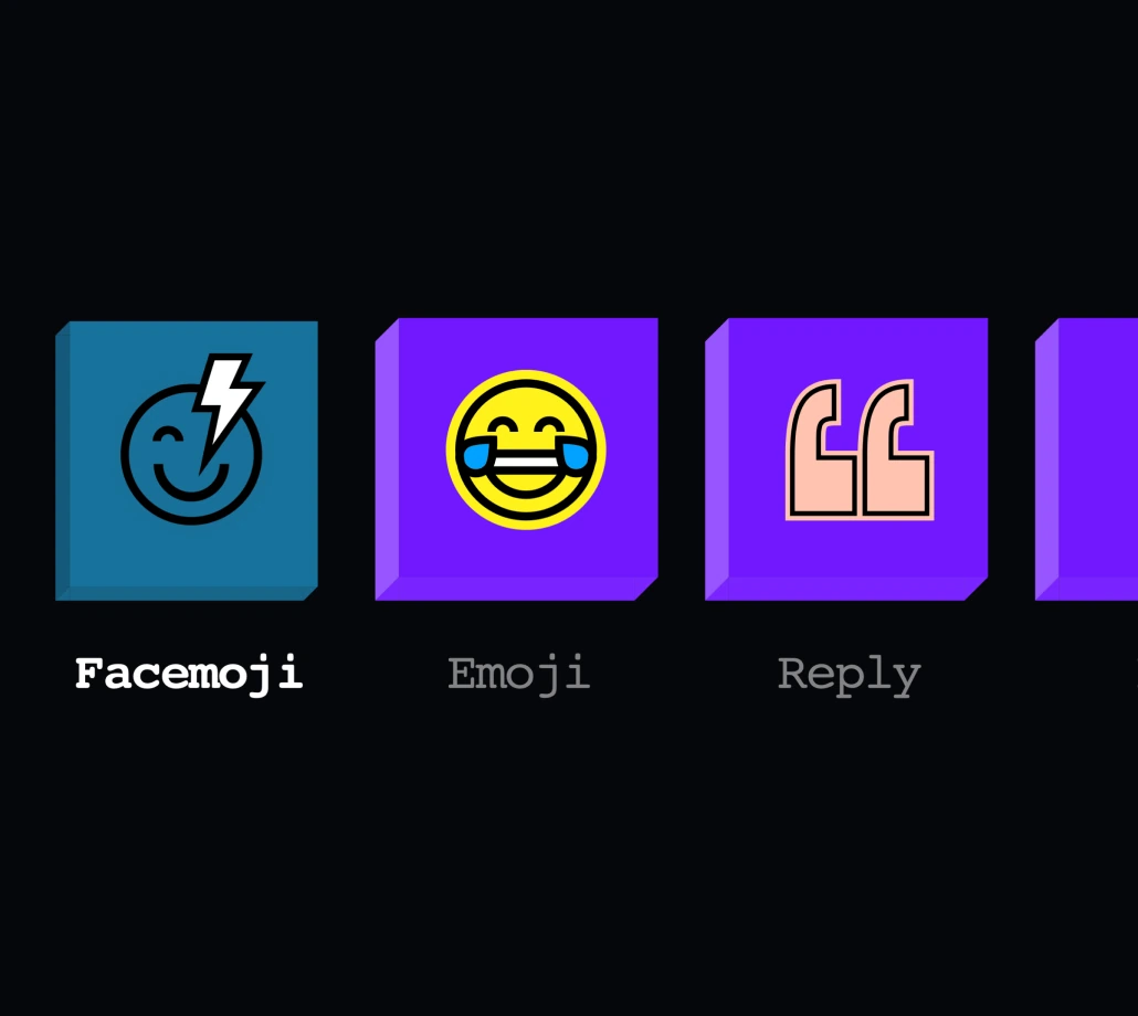 FaceFlash custom icons for Facemoji, Emoji, and Reply reactions.