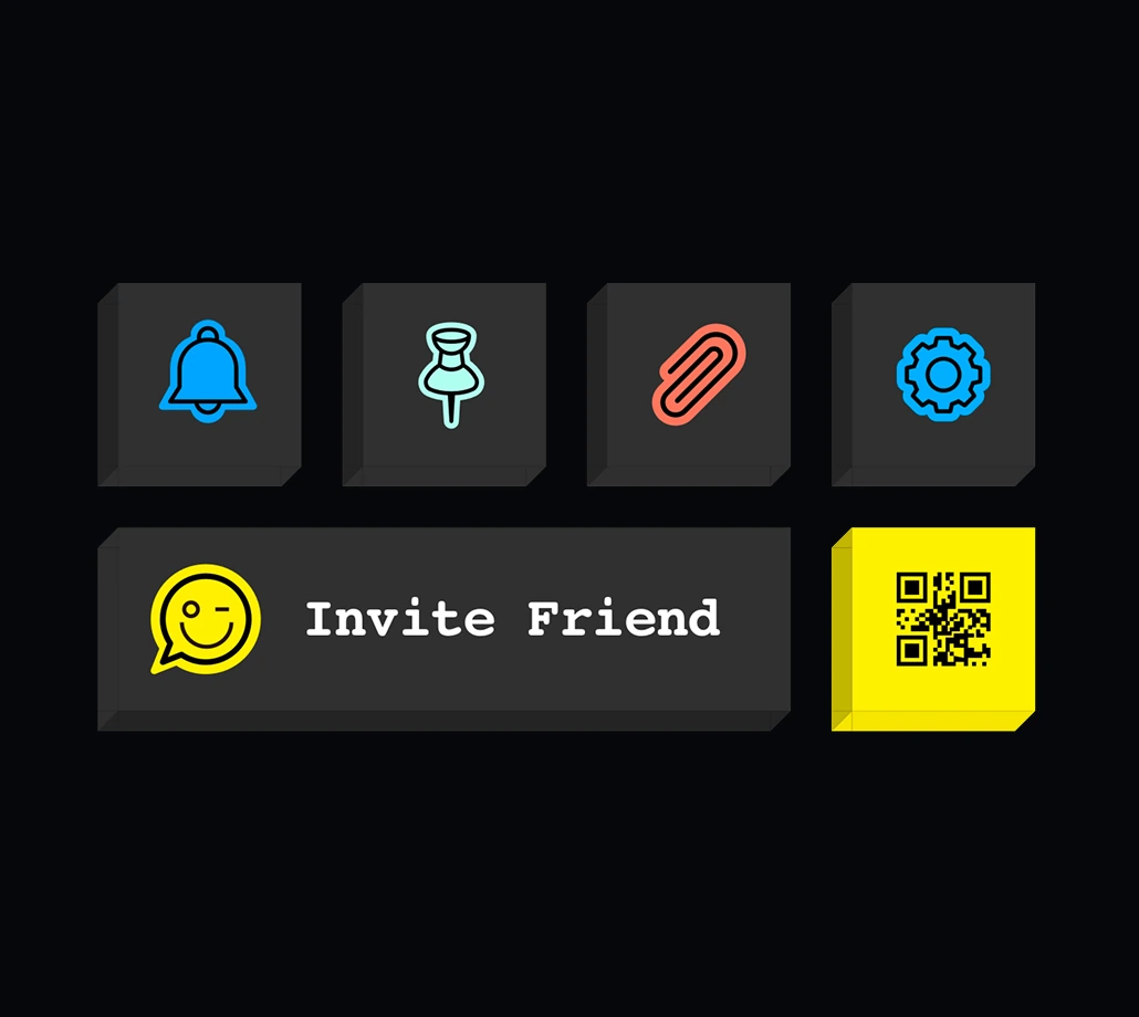 FaceFlash invite friend, QR code, notification, pin, attachment, and settings icons.