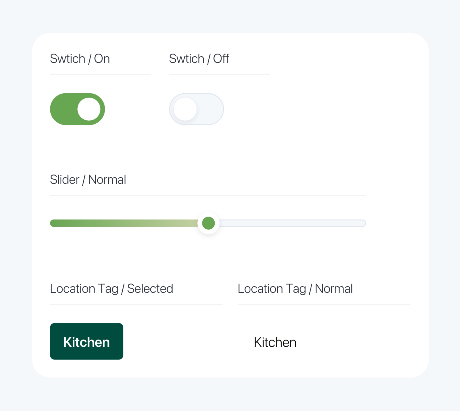 Krado UI controls with switches, slider, and location tags.