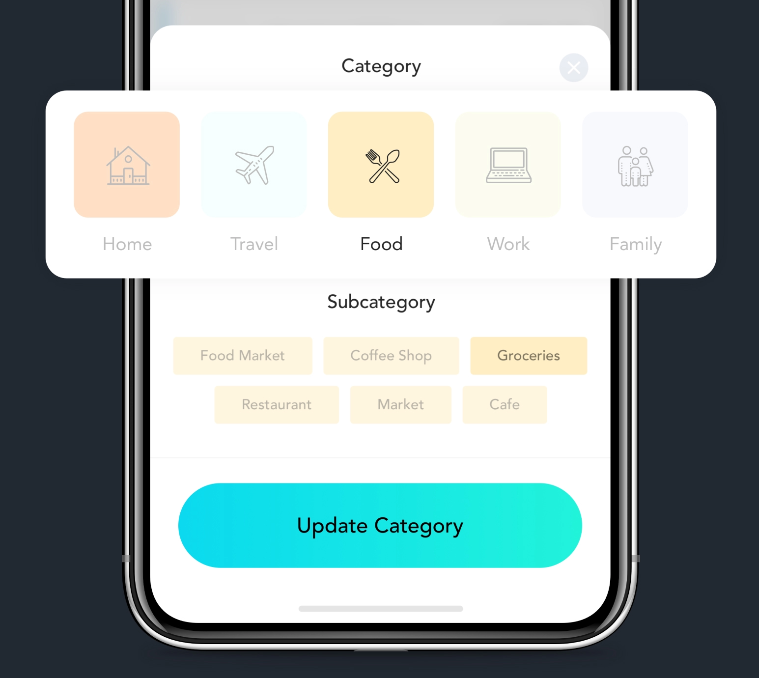 Mazlo expense category and subcategory selection interface.