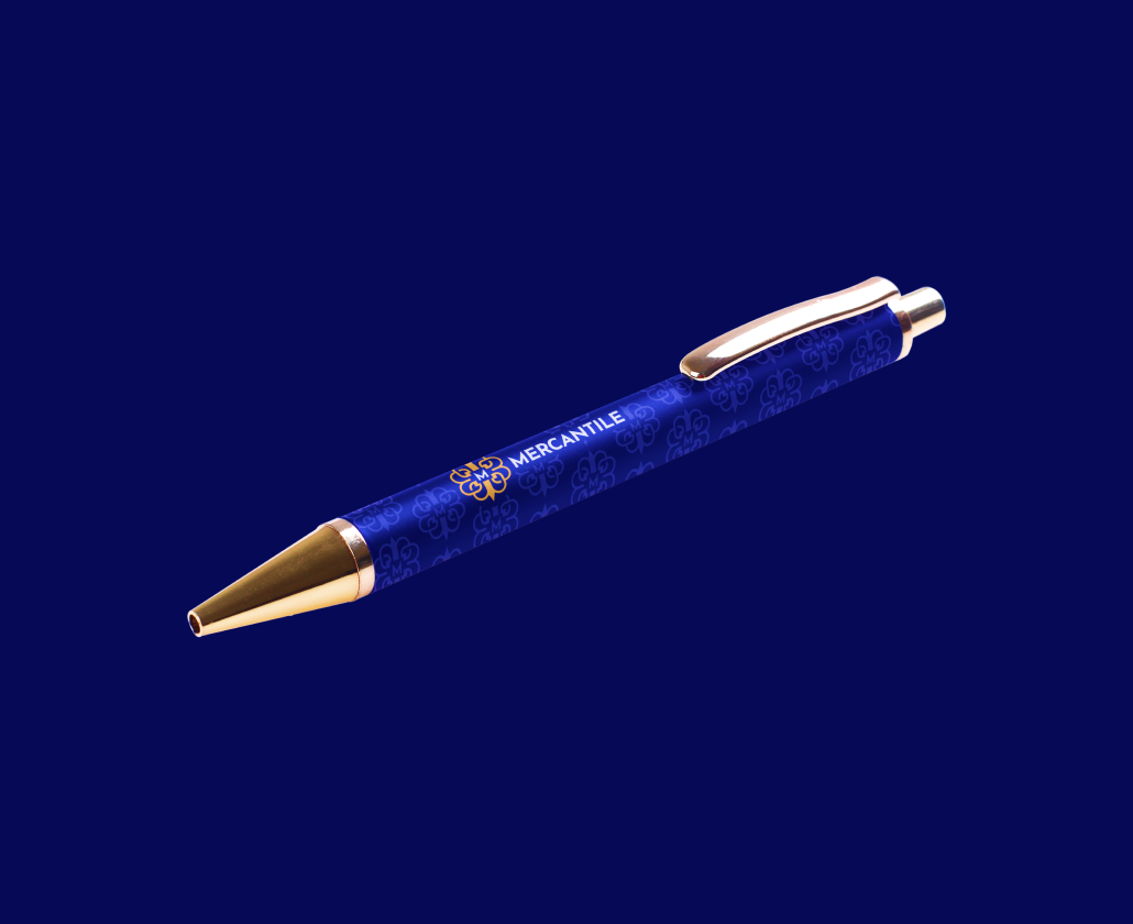 Blue and gold Mercantile branded pen.