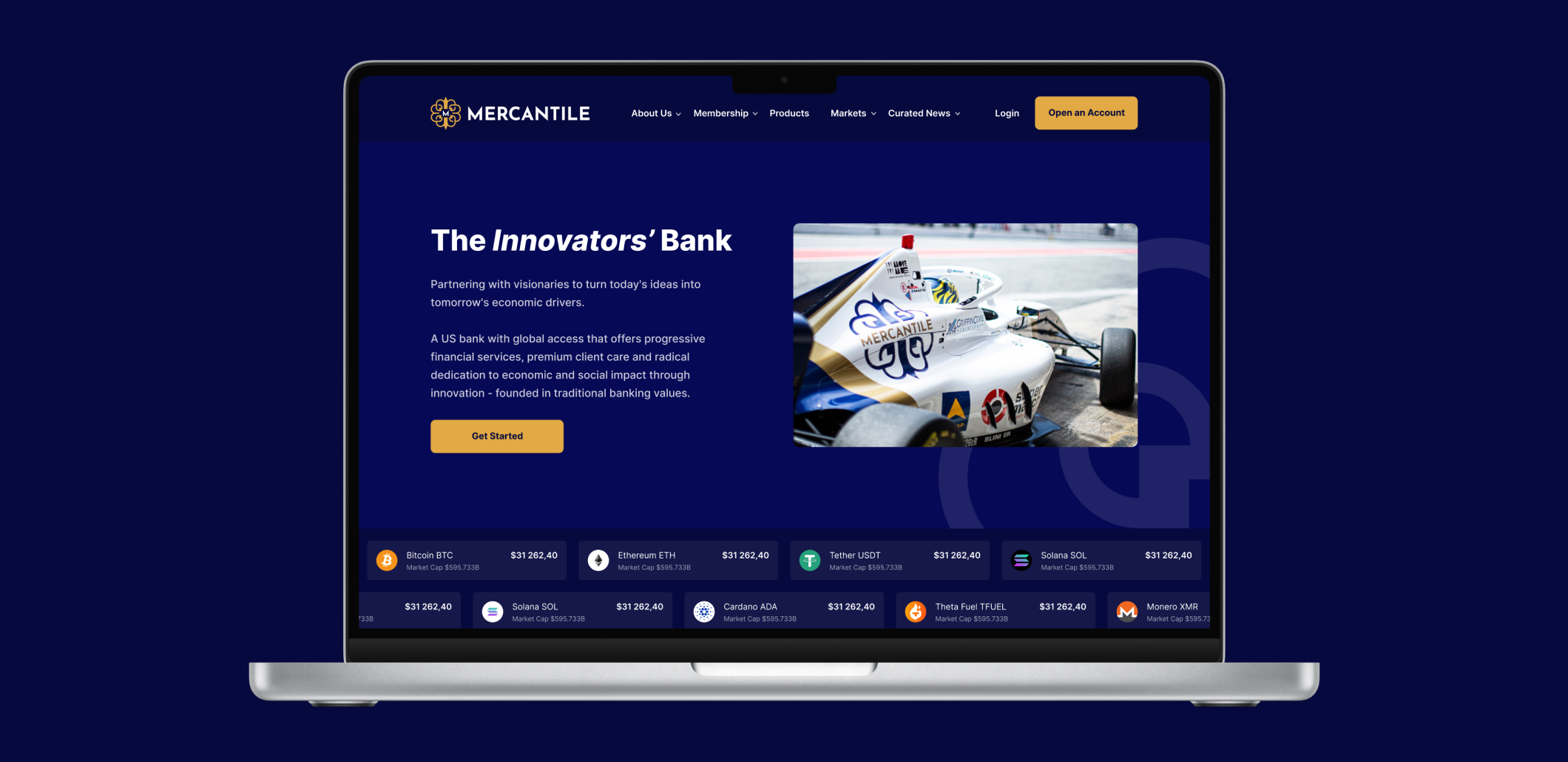 Mercantile responsive banking website displayed on a laptop.