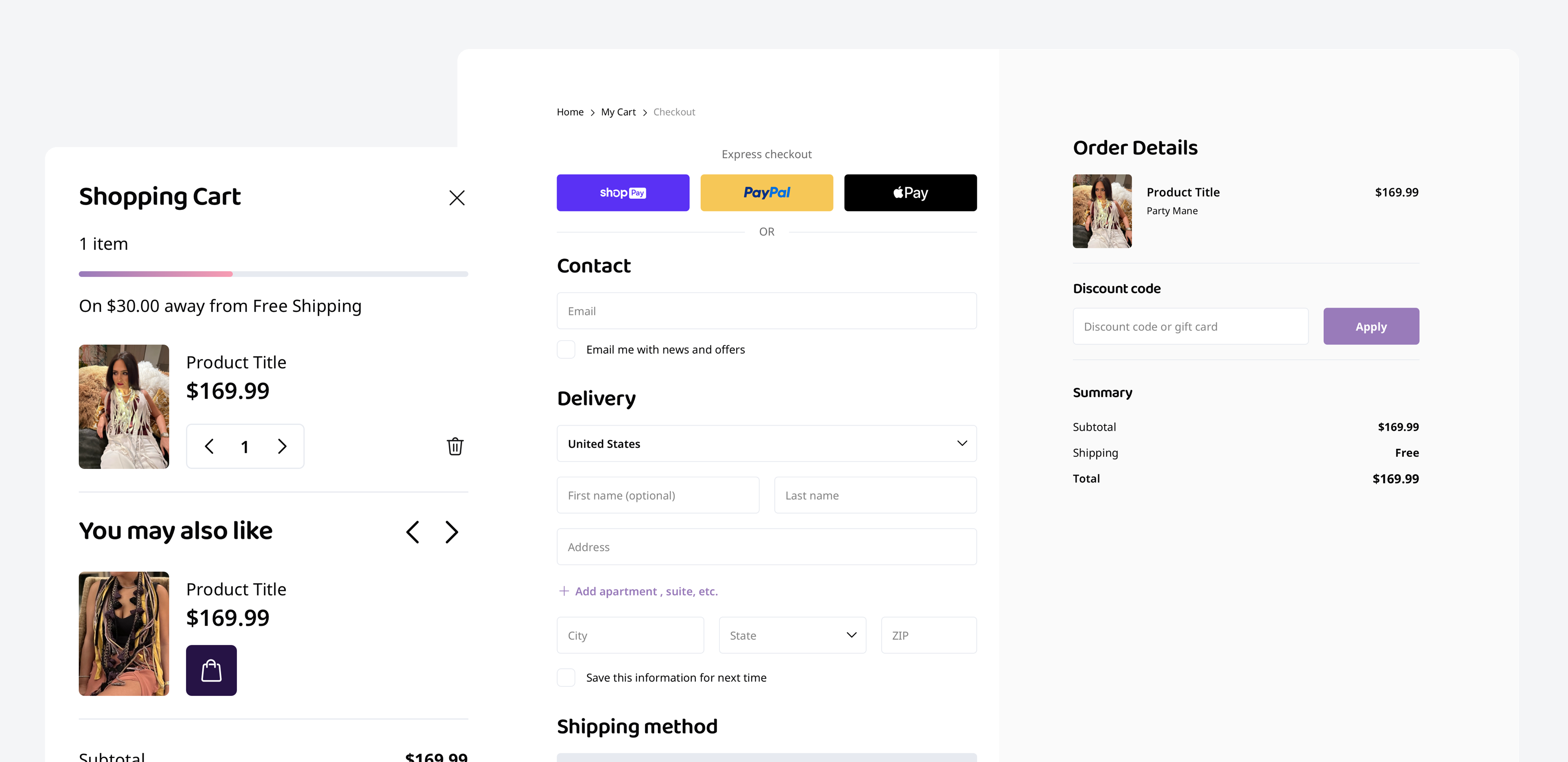 Party Mane e-commerce cart and checkout experience.