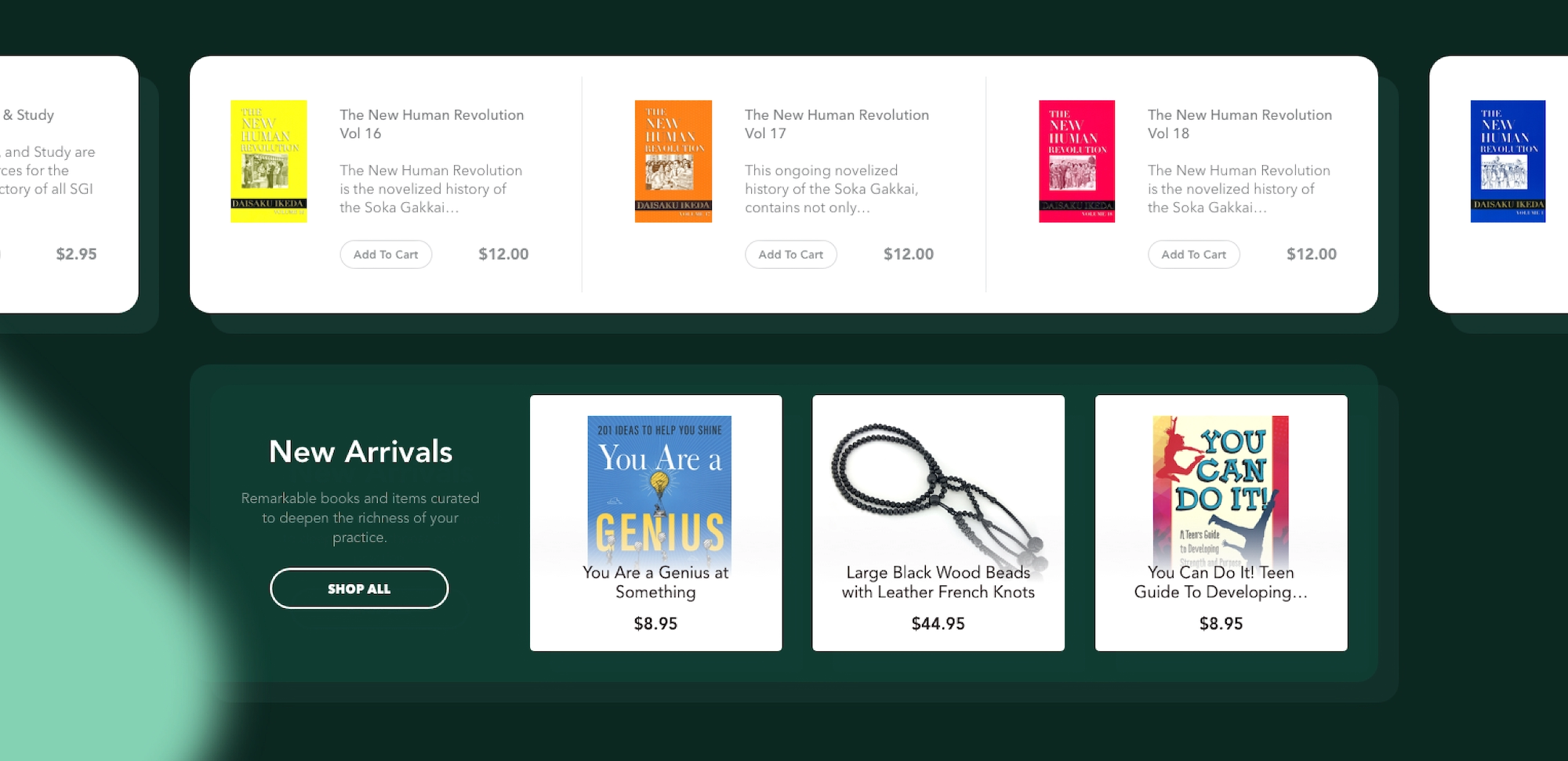 SGI bookstore homepage with featured books and new arrivals.